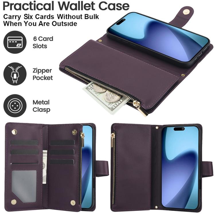 For iPhone 17 YM016 Rhombic Zipper Card Wallet Leather Phone Case with Lanyard