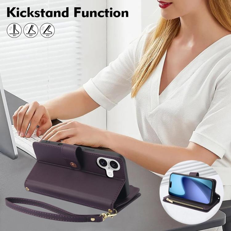 For iPhone 17 YM016 Rhombic Zipper Card Wallet Leather Phone Case with Lanyard