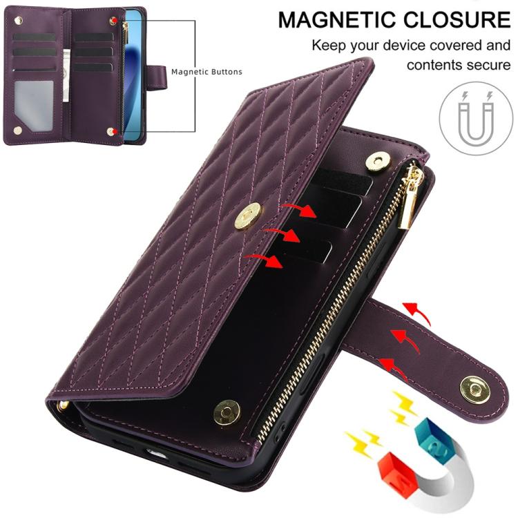 For iPhone 17 YM016 Rhombic Zipper Card Wallet Leather Phone Case with Lanyard