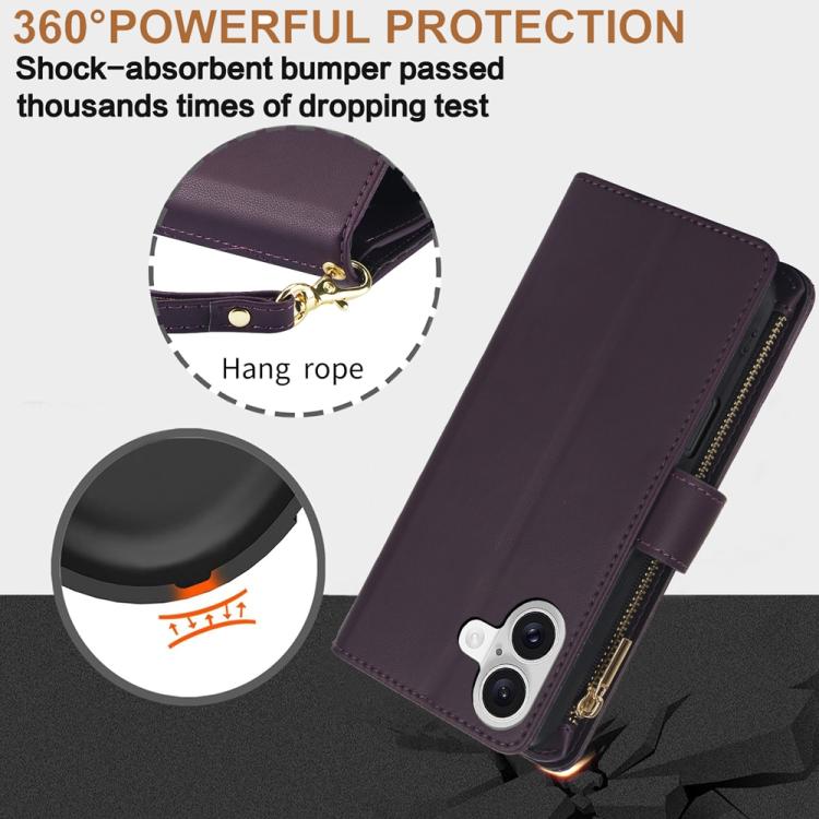 For iPhone 17 YM016 Rhombic Zipper Card Wallet Leather Phone Case with Lanyard