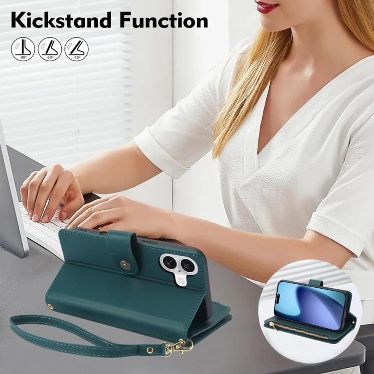 For iPhone 17 YM016 Rhombic Zipper Card Wallet Leather Phone Case with Lanyard