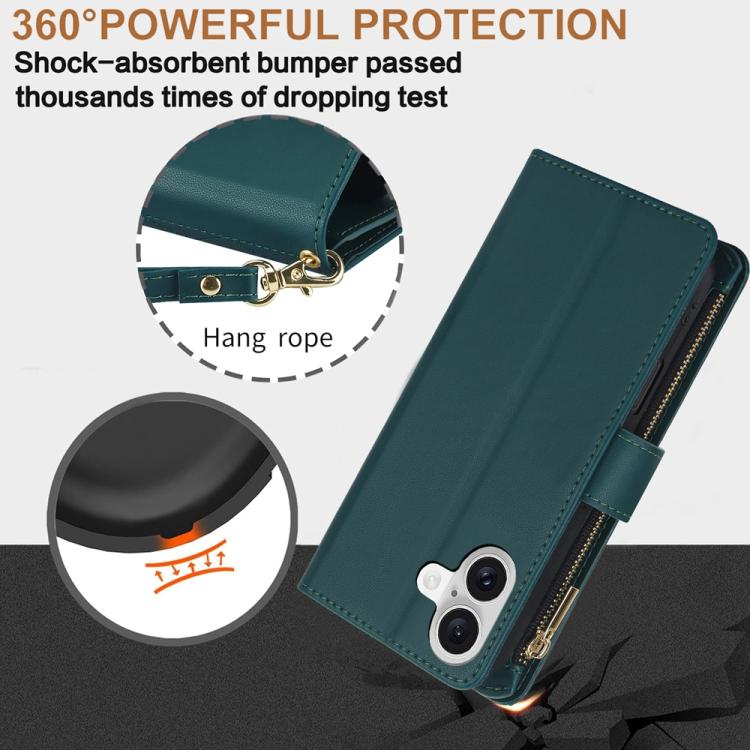 For iPhone 17 YM016 Rhombic Zipper Card Wallet Leather Phone Case with Lanyard