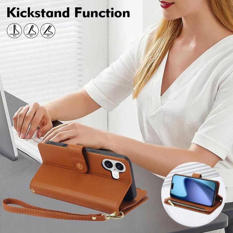 For iPhone 17 YM016 Rhombic Zipper Card Wallet Leather Phone Case with Lanyard