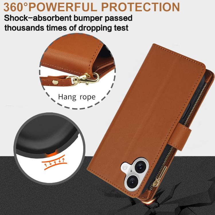 For iPhone 17 YM016 Rhombic Zipper Card Wallet Leather Phone Case with Lanyard