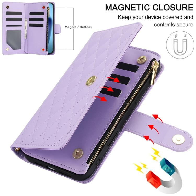 For iPhone 17 YM016 Rhombic Zipper Card Wallet Leather Phone Case with Lanyard