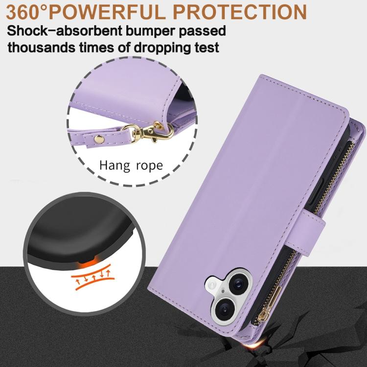 For iPhone 17 YM016 Rhombic Zipper Card Wallet Leather Phone Case with Lanyard