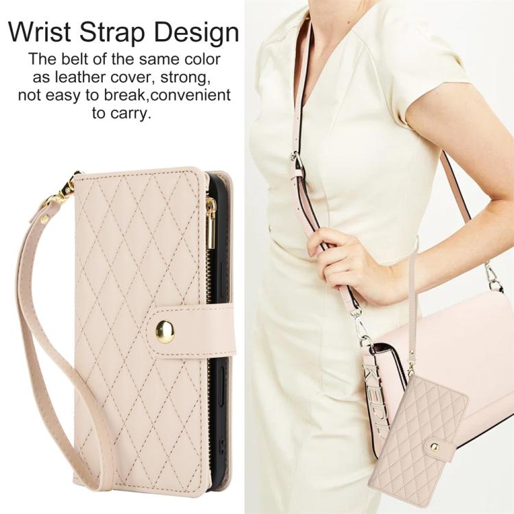 For iPhone 17 YM016 Rhombic Zipper Card Wallet Leather Phone Case with Lanyard