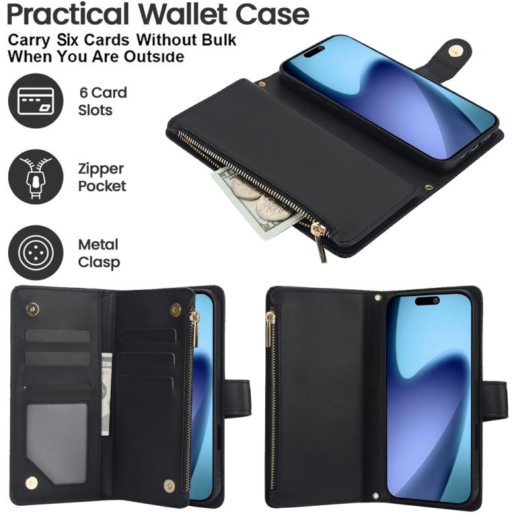 For iPhone 17 YM016 Rhombic Zipper Card Wallet Leather Phone Case with Lanyard