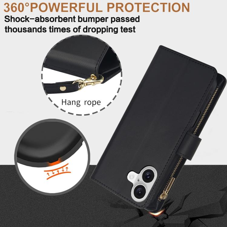 For iPhone 17 YM016 Rhombic Zipper Card Wallet Leather Phone Case with Lanyard