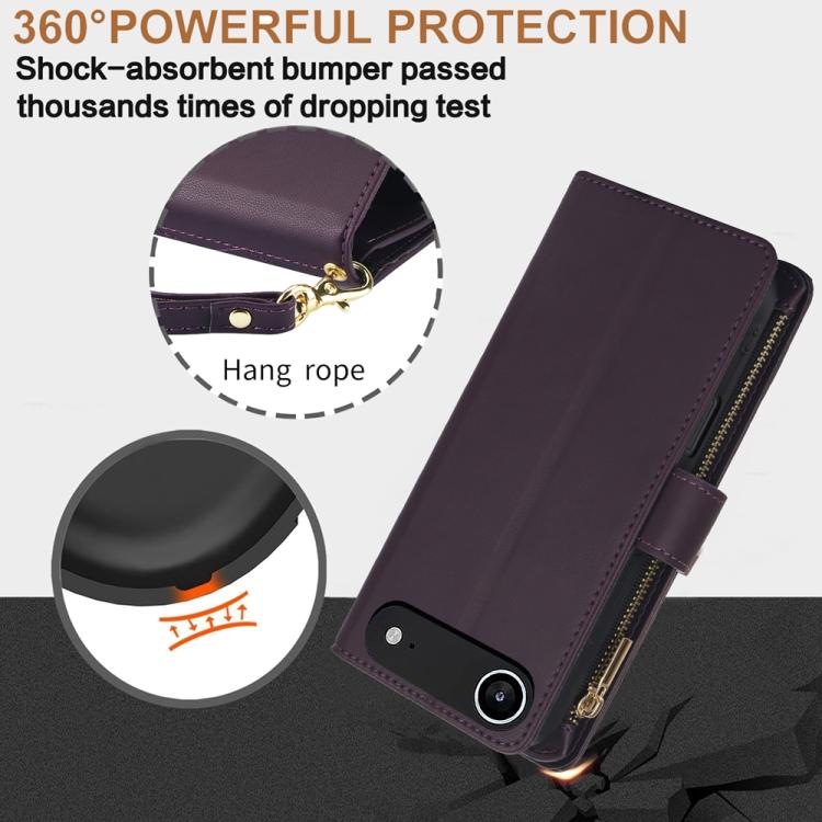 For iPhone Air YM016 Rhombic Zipper Card Wallet Leather Phone Case with Lanyard
