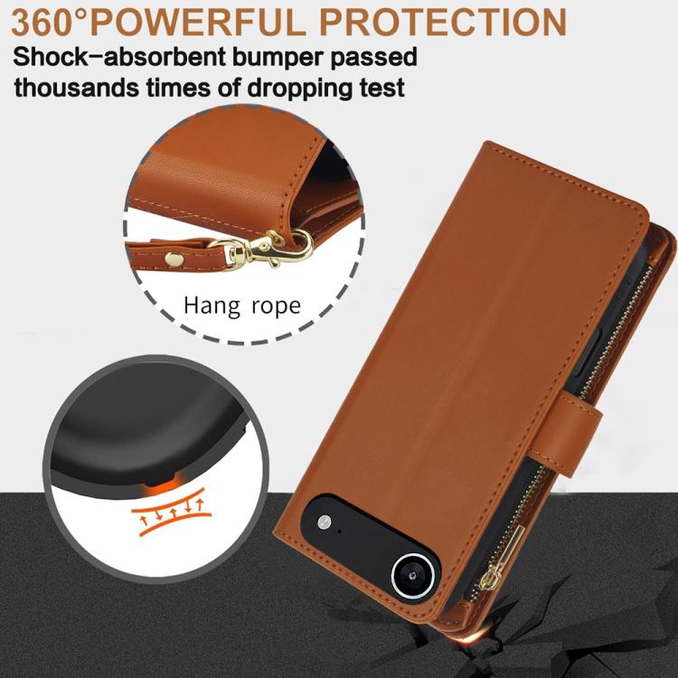 For iPhone Air YM016 Rhombic Zipper Card Wallet Leather Phone Case with Lanyard