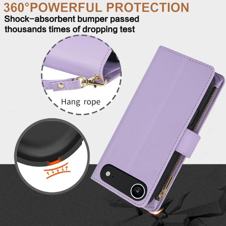 For iPhone Air YM016 Rhombic Zipper Card Wallet Leather Phone Case with Lanyard