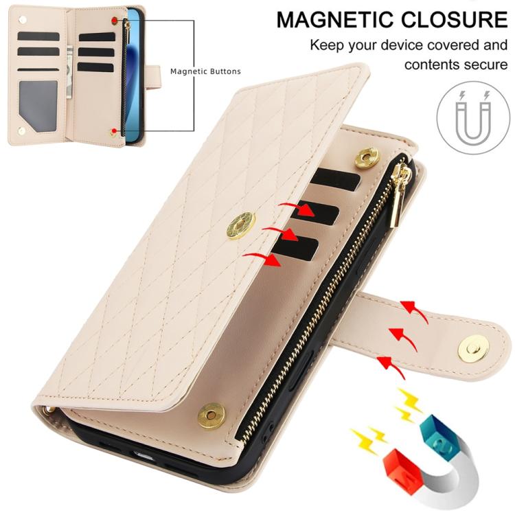 For iPhone Air YM016 Rhombic Zipper Card Wallet Leather Phone Case with Lanyard