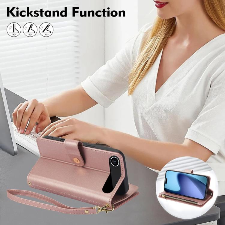 For iPhone Air YM016 Rhombic Zipper Card Wallet Leather Phone Case with Lanyard