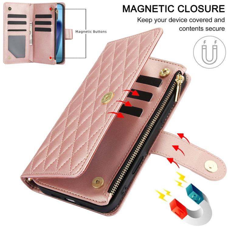 For iPhone Air YM016 Rhombic Zipper Card Wallet Leather Phone Case with Lanyard