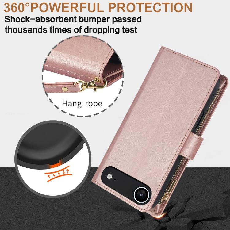 For iPhone Air YM016 Rhombic Zipper Card Wallet Leather Phone Case with Lanyard