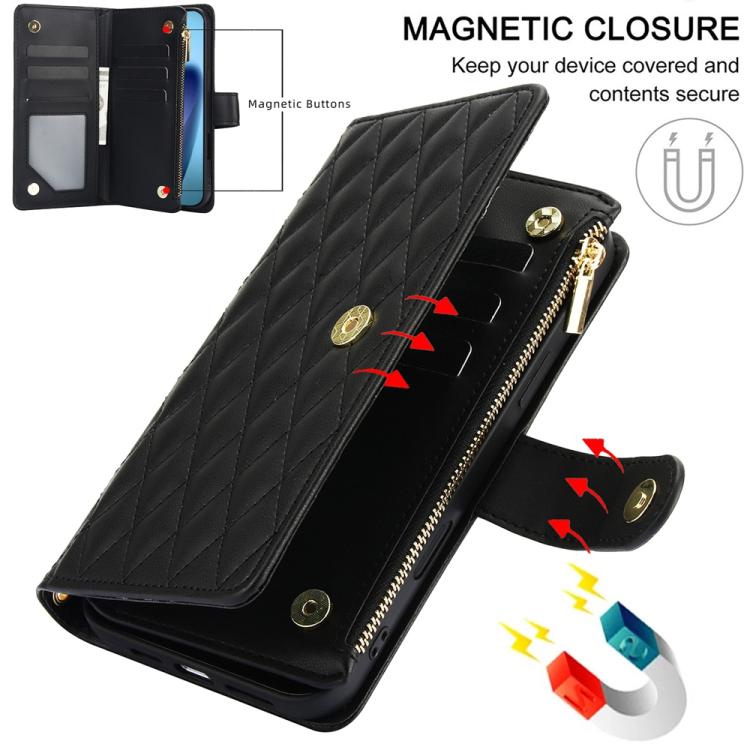 For iPhone Air YM016 Rhombic Zipper Card Wallet Leather Phone Case with Lanyard