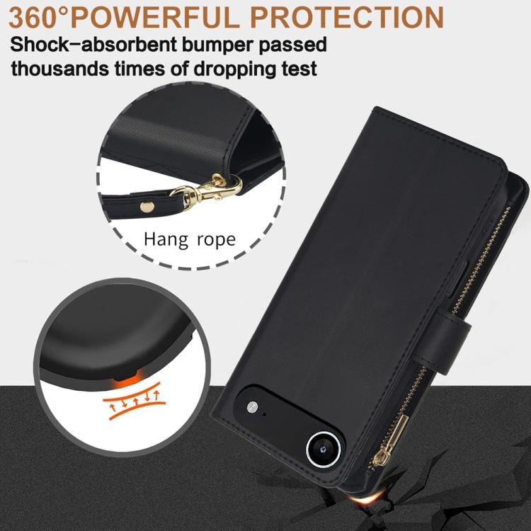 For iPhone Air YM016 Rhombic Zipper Card Wallet Leather Phone Case with Lanyard