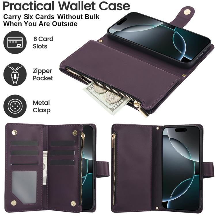 For iPhone 17 Pro Max YM016 Rhombic Zipper Card Wallet Leather Phone Case with Lanyard