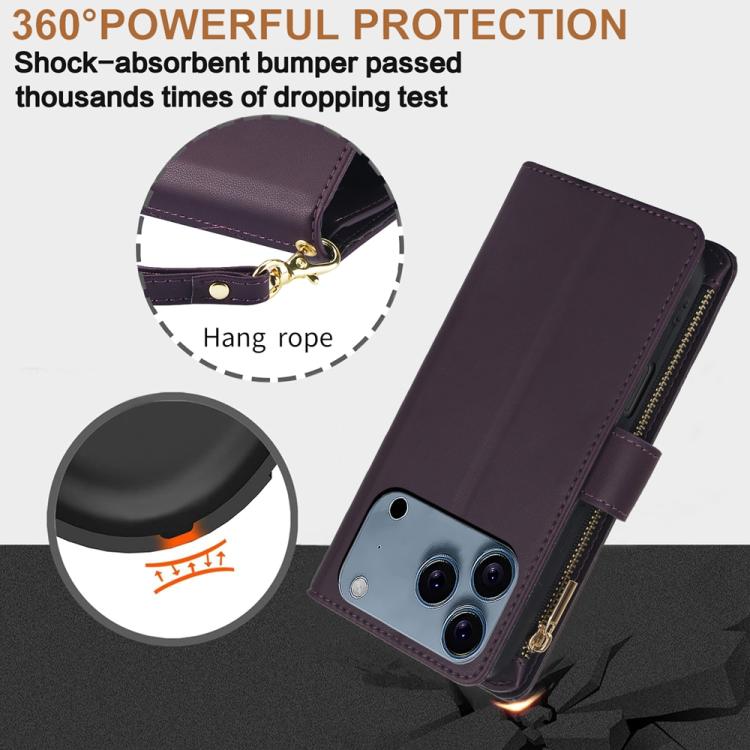For iPhone 17 Pro Max YM016 Rhombic Zipper Card Wallet Leather Phone Case with Lanyard