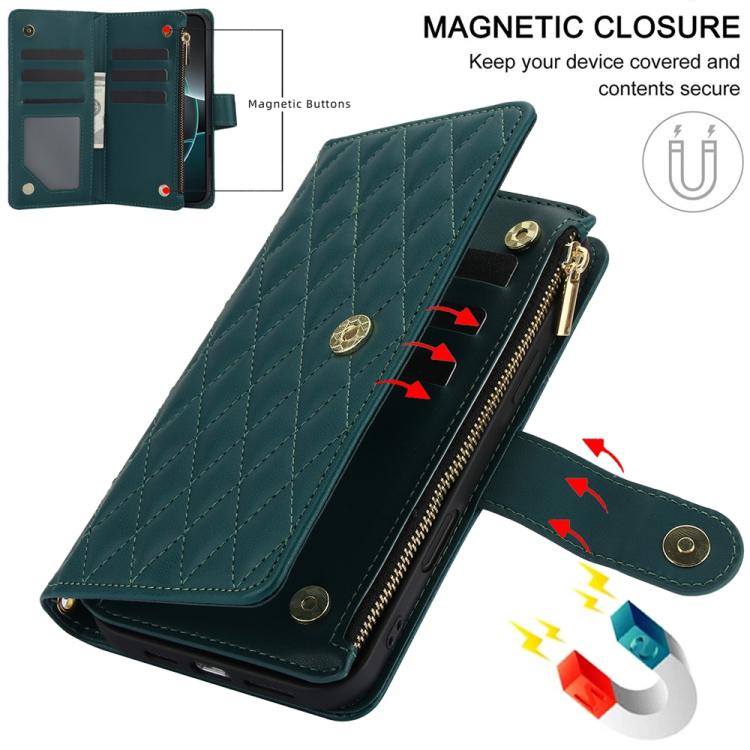 For iPhone 17 Pro Max YM016 Rhombic Zipper Card Wallet Leather Phone Case with Lanyard