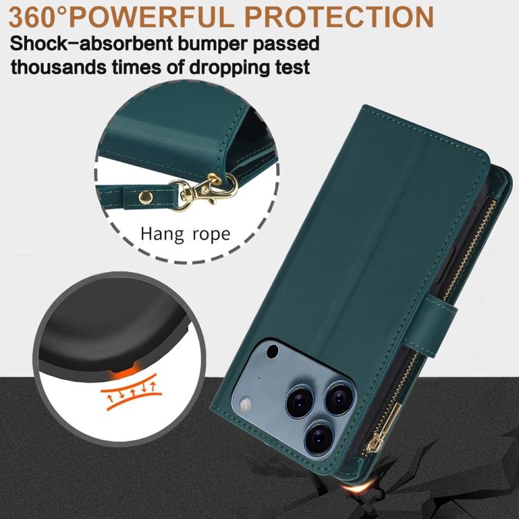 For iPhone 17 Pro Max YM016 Rhombic Zipper Card Wallet Leather Phone Case with Lanyard