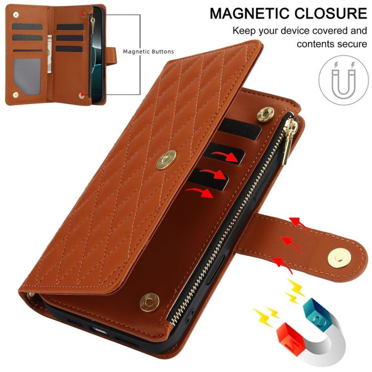 For iPhone 17 Pro Max YM016 Rhombic Zipper Card Wallet Leather Phone Case with Lanyard