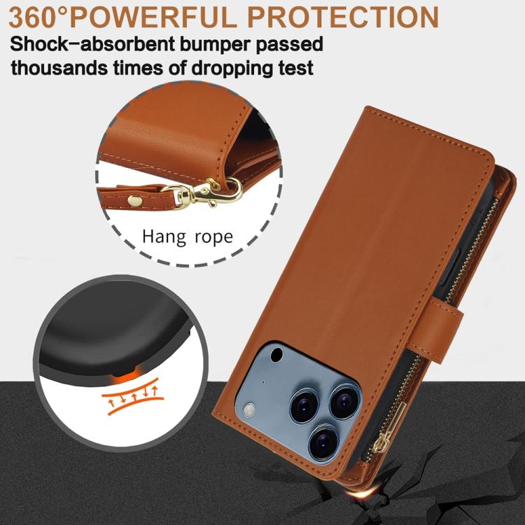 For iPhone 17 Pro Max YM016 Rhombic Zipper Card Wallet Leather Phone Case with Lanyard