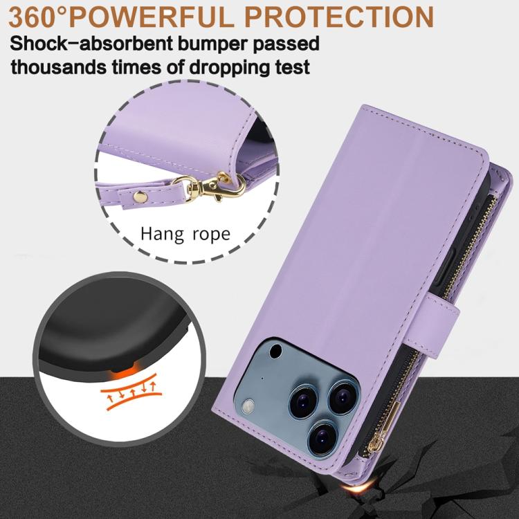 For iPhone 17 Pro Max YM016 Rhombic Zipper Card Wallet Leather Phone Case with Lanyard