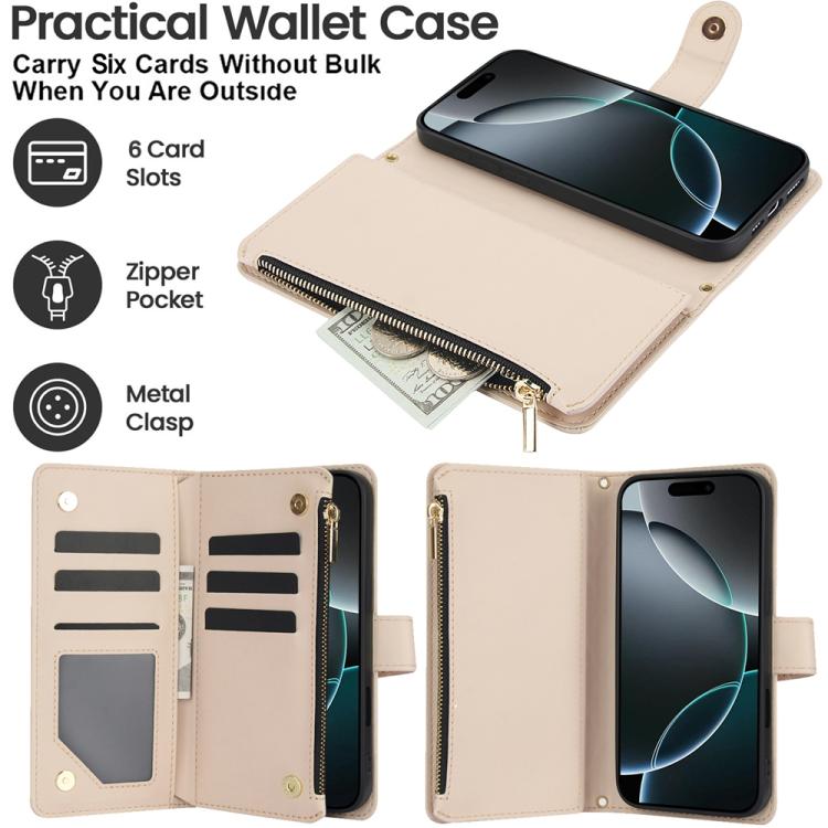 For iPhone 17 Pro Max YM016 Rhombic Zipper Card Wallet Leather Phone Case with Lanyard
