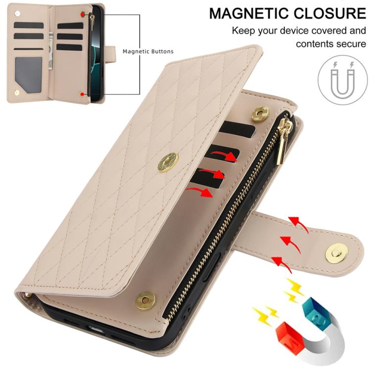 For iPhone 17 Pro Max YM016 Rhombic Zipper Card Wallet Leather Phone Case with Lanyard