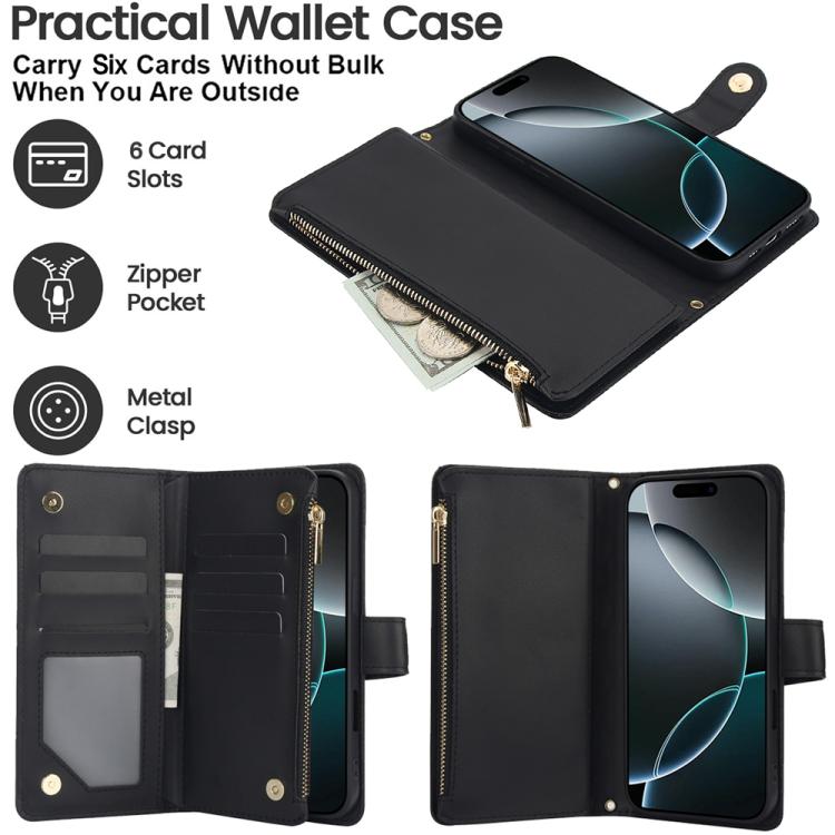 For iPhone 17 Pro Max YM016 Rhombic Zipper Card Wallet Leather Phone Case with Lanyard