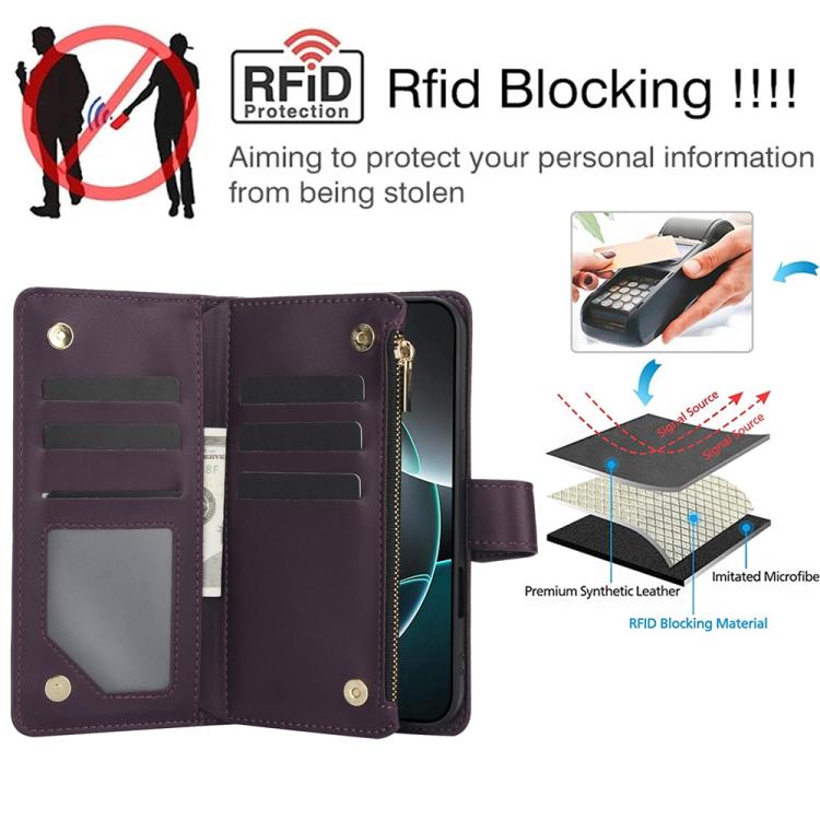 For iPhone 17 Pro YM016 Rhombic Zipper Card Wallet Leather Phone Case with Lanyard