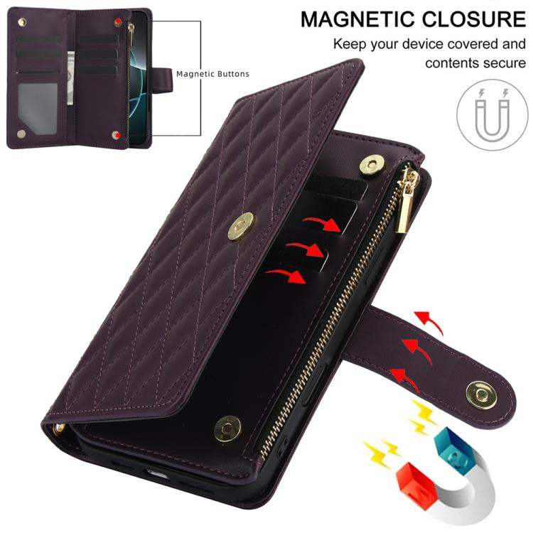 For iPhone 17 Pro YM016 Rhombic Zipper Card Wallet Leather Phone Case with Lanyard