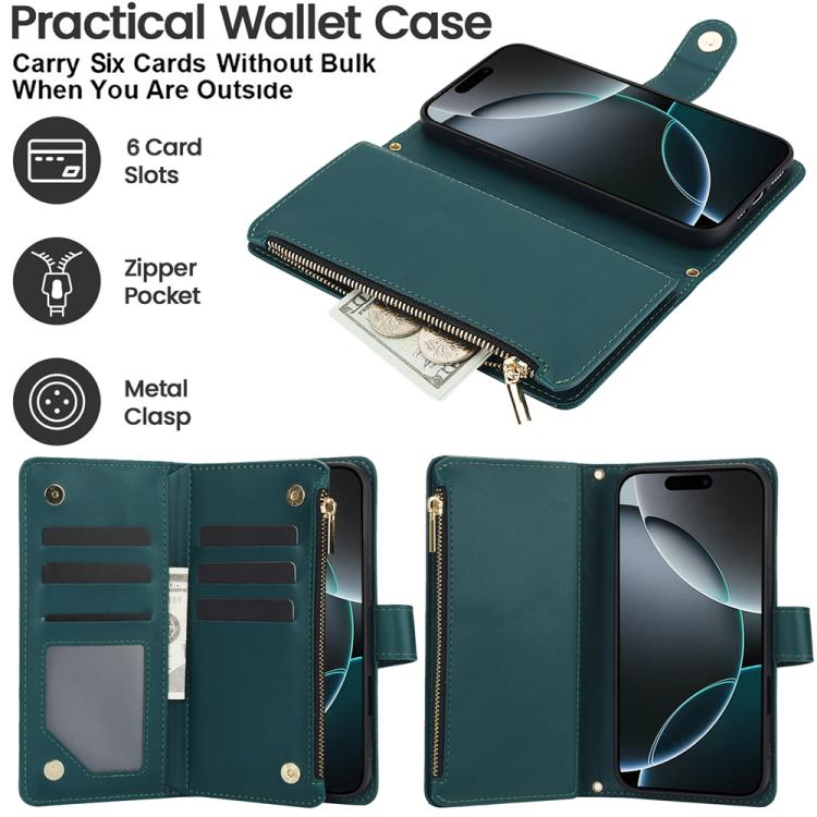 For iPhone 17 Pro YM016 Rhombic Zipper Card Wallet Leather Phone Case with Lanyard