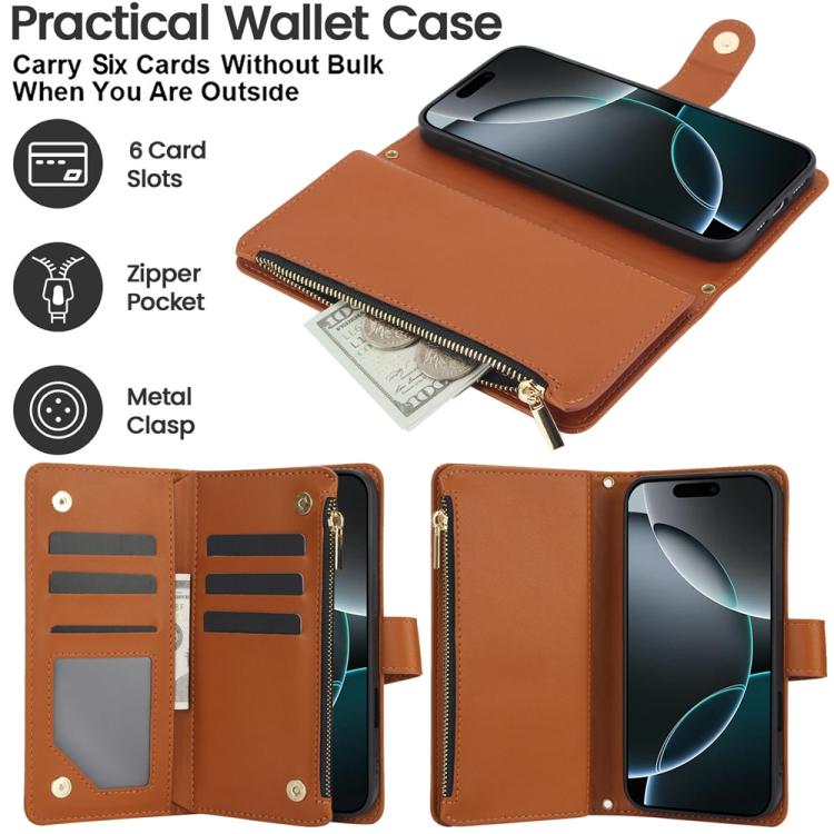 For iPhone 17 Pro YM016 Rhombic Zipper Card Wallet Leather Phone Case with Lanyard