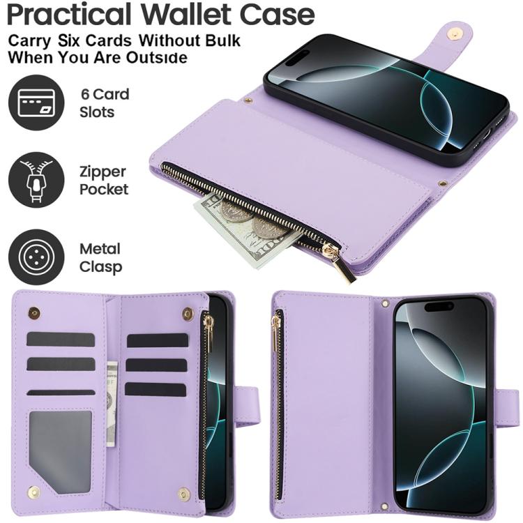 For iPhone 17 Pro YM016 Rhombic Zipper Card Wallet Leather Phone Case with Lanyard