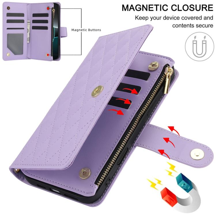 For iPhone 17 Pro YM016 Rhombic Zipper Card Wallet Leather Phone Case with Lanyard