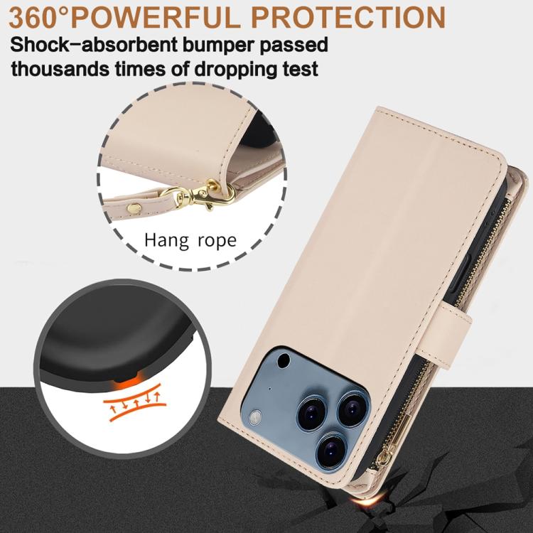 For iPhone 17 Pro YM016 Rhombic Zipper Card Wallet Leather Phone Case with Lanyard