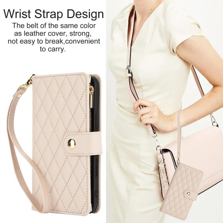 For iPhone 17 Pro YM016 Rhombic Zipper Card Wallet Leather Phone Case with Lanyard