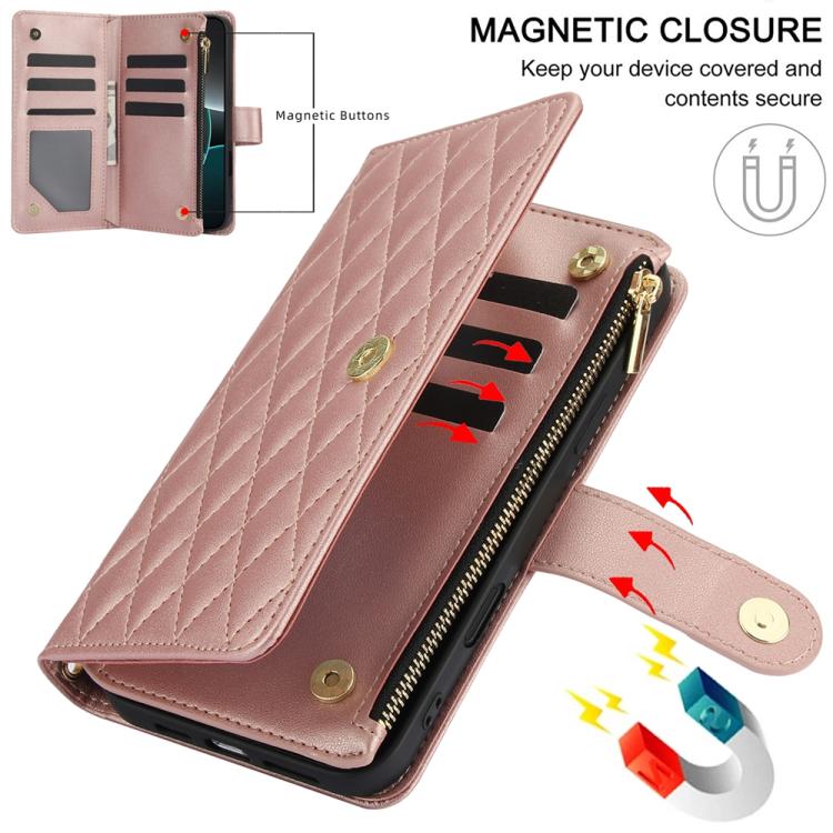 For iPhone 17 Pro YM016 Rhombic Zipper Card Wallet Leather Phone Case with Lanyard