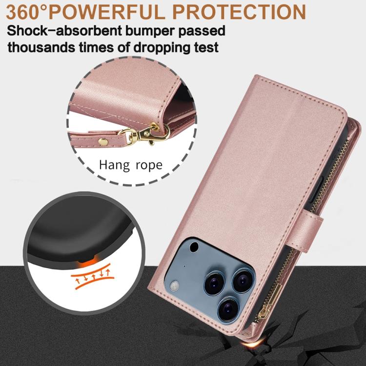 For iPhone 17 Pro YM016 Rhombic Zipper Card Wallet Leather Phone Case with Lanyard