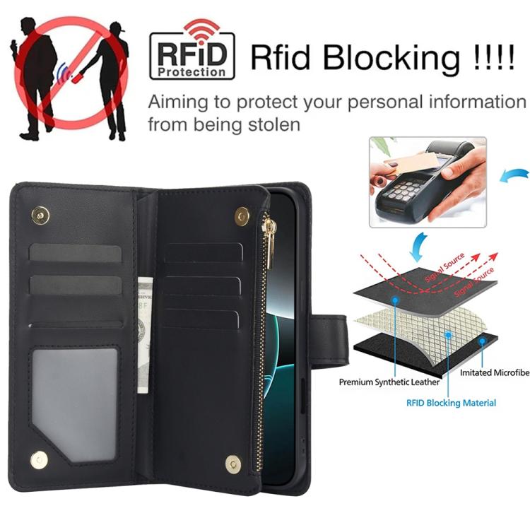 For iPhone 17 Pro YM016 Rhombic Zipper Card Wallet Leather Phone Case with Lanyard