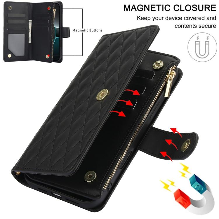 For iPhone 17 Pro YM016 Rhombic Zipper Card Wallet Leather Phone Case with Lanyard