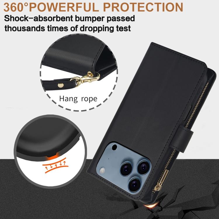 For iPhone 17 Pro YM016 Rhombic Zipper Card Wallet Leather Phone Case with Lanyard