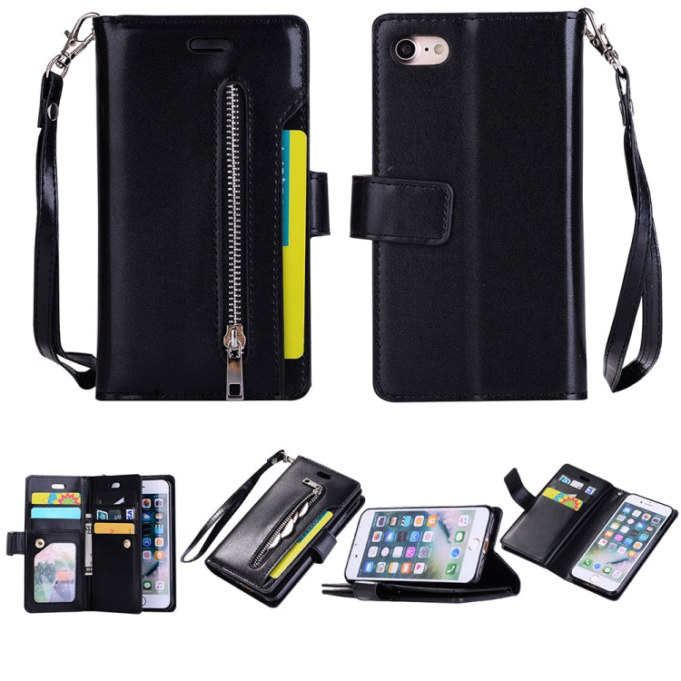 For iPhone SE 2022 / SE 2020 / 8 / 7 Multifunctional Zipper Horizontal Flip Leather Case with Holder & Wallet & 9 Card Slots & Lanyard