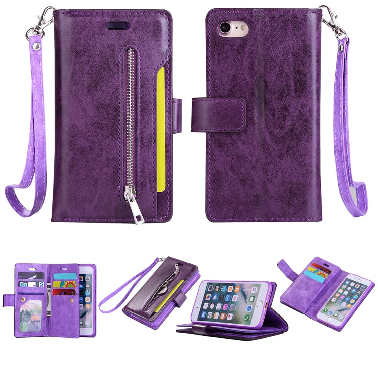 For iPhone SE 2022 / SE 2020 / 8 / 7 Multifunctional Zipper Horizontal Flip Leather Case with Holder & Wallet & 9 Card Slots & Lanyard