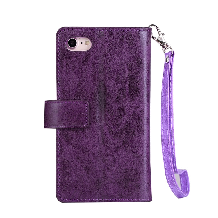 For iPhone SE 2022 / SE 2020 / 8 / 7 Multifunctional Zipper Horizontal Flip Leather Case with Holder & Wallet & 9 Card Slots & Lanyard
