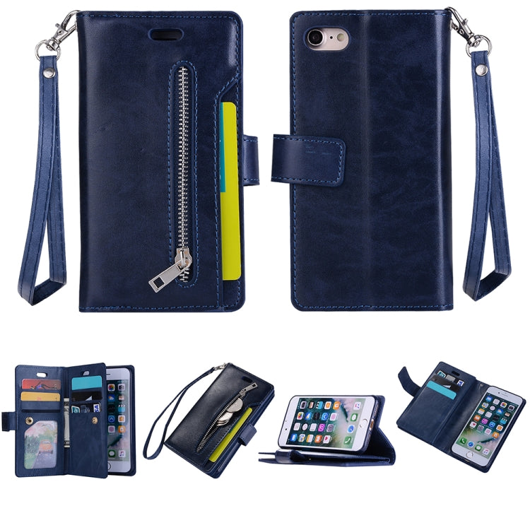 For iPhone SE 2022 / SE 2020 / 8 / 7 Multifunctional Zipper Horizontal Flip Leather Case with Holder & Wallet & 9 Card Slots & Lanyard