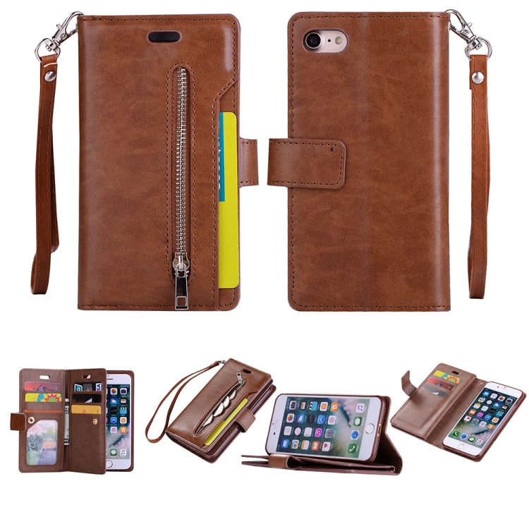 For iPhone SE 2022 / SE 2020 / 8 / 7 Multifunctional Zipper Horizontal Flip Leather Case with Holder & Wallet & 9 Card Slots & Lanyard